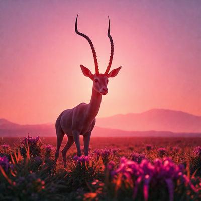 The primary subject of the image is a white antelope standing in a field of purple flowers. The setting is a sunset, creating a beautiful and serene atmosphere. The visual style is a photo, capturing the antelope in its natural habitat. The colors and mood of the image are predominantly warm and vibrant, with the purple flowers adding a touch of elegance and tranquility to the scene.